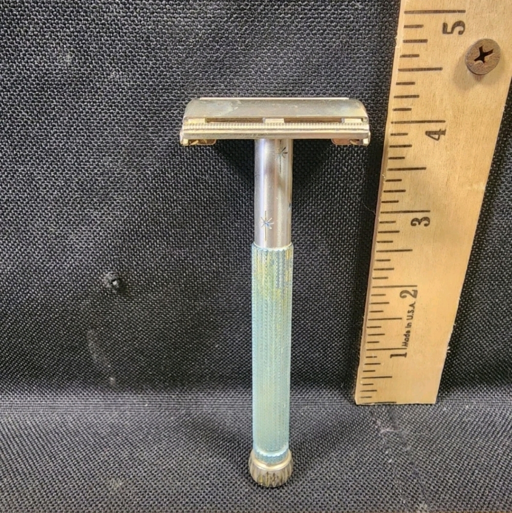 Vintage 60's Gillette Blue Starburst Women's Safety Razor Used Works No Issues